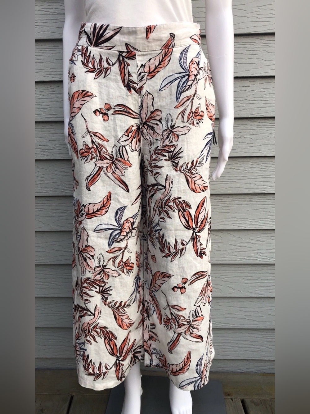 TAHARI Cropped Wide-Leg Pants 100% Linen Floral Pattern Size L